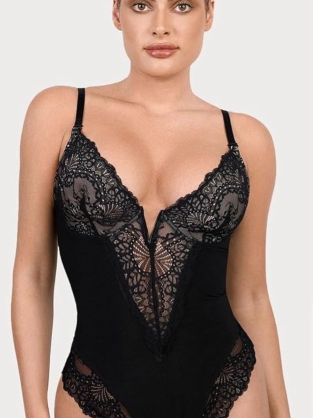Plunge Lace Bodysuit Shapewear in Black